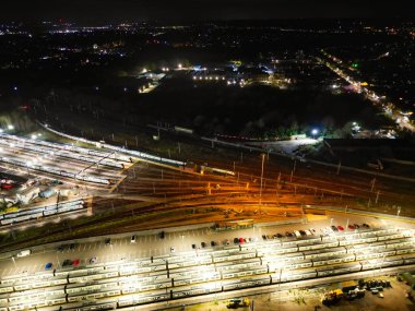 Aerial View of Illuminated Central Bedford City of England United Kingdom During Night. April 5th, 2024, High Angle Footage Was Captured after Sunset and Beginning of Night with Drone's Camera clipart