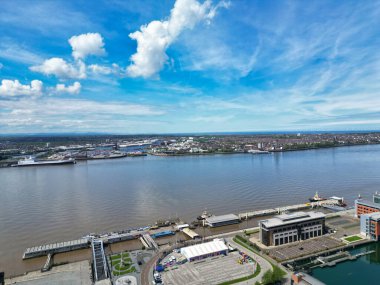 High Angle View of Historical and Modern British City Centre of Liverpool, Maritime city in northwest England, United Kingdom. Aerial Footage Was Captured with Drone's Camera on May 5th, 2024 clipart