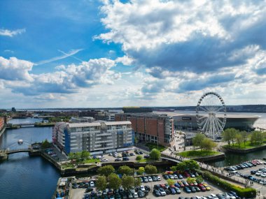 High Angle View of Historical and Modern British City Centre of Liverpool, Maritime city in northwest England, United Kingdom. Aerial Footage Was Captured with Drone's Camera on May 5th, 2024 clipart