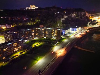 High Angle Night View of Dover Coastal City of South Eastern County of Kent England, United Kingdom. The Illuminated Footage Was Captured with Drone's Camera after Sunset Night of April 20th, 2024 clipart