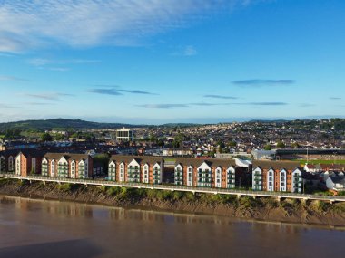 High Angle View of Newport City on River Usk Wales, United Kingdom During Sunset. Aerial Footage Was Captured with Drone's Camera on May 27th, 2024 clipart