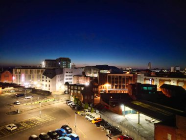 High Angle View of Illuminated Historical Central Leicester City of England UK at Night. Aerial Footage Was Captured with Drone's Camera During Midnight of April 26th, 2024 from Medium High Altitude. clipart