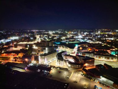 High Angle View of Illuminated Historical Central Leicester City of England UK at Night. Aerial Footage Was Captured with Drone's Camera During Midnight of April 26th, 2024 from Medium High Altitude. clipart