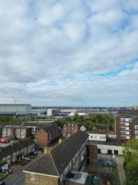 High Angle View of Tilbury City Centre and Docks on River Thames, borough of Thurrock, Essex, England, United Kingdom. Aerial View Was Captured with Drone's Camera on April 20th, 2024 at Just After Sunrise Morning. clipart