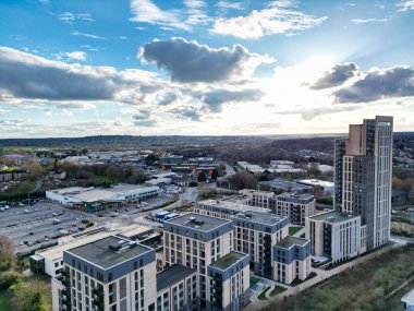 Aerial View of Watford City of England Great Britain. March 3rd, 2024 During Day. High Angle Footage Was Captured on March 3rd, 2024 During Bright Sunny Day. Watford City is Located at North London City. clipart