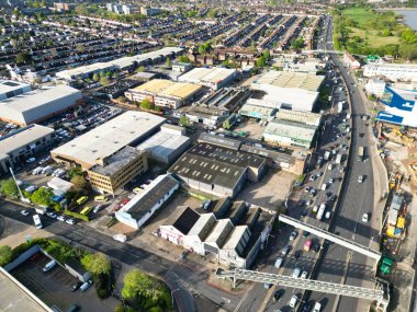 High Angle View of Brent Cross West Hendon London City of England United Kingdom, High Angle Drone's Camera Footage Was Captured on April 17th, 2024 from Medium High Altitude. clipart