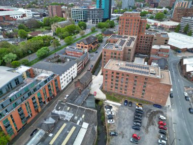 Aerial View of Historical Sheffield City Centre at English county of South Yorkshire, England, United Kingdom. High Angle Footage Was Captured with Drone's Camera During Sunset on April 29th, 2024 from Medium High Altitude. clipart