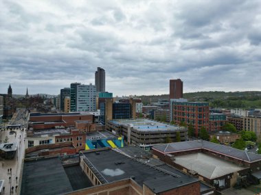 Aerial View of Historical Sheffield City Centre at English county of South Yorkshire, England, United Kingdom. High Angle Footage Was Captured with Drone's Camera During Sunset on April 29th, 2024 from Medium High Altitude. clipart