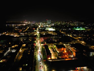 Aerial View of Illuminated Brighton Beach and Ocean City and British Tourist Attraction of East Sussex, England Great Britain During Night. Drone's Camera Footage Captured on December 3rd, 2024 clipart