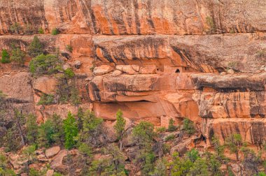 Canlı bir manzara, yeşil bitkilerle kaplı katmanlı tortul kaya oluşumlarını gösteriyor.