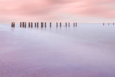 Durgun deniz sularına yansıyan mor, pembe ve turuncu tonları ile canlı bir şafak vakti gökyüzü. Bereketli ahşap direkler, Napoli Florida sahillerinde yenilenme ve barışı çağrıştırıyor..