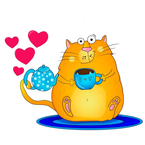 Bir fincan çayla sevimli bir kedinin vektör çizimi