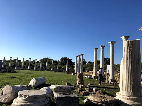 Kıbrıs Paphos 'taki sütunlar. Kolonnatif sokak kalıntıları antik şehir.