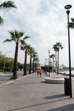 Kıbrıs Rum Kesimi 'nin Limasol kentinde palmiyeler ve güneşli havayla deniz kenarında gezinti