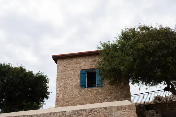 Turuncu kiremit çatılı ev manzarası, mavi dış pencere panjuru zeytin ağaçlarıyla çevrili.