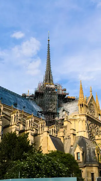 15 Mayıs 2025 Paris, Fransa: Tarihi katedral Notre-Dame de Paris restorasyon projesi. Görüntü, mimari amaçlar için Paris 'in ünlü tarihi yapısını ve iskelesini gösteriyor..