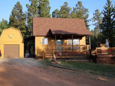 Colorado Dağları 'ndaki şirin doğal ahşap kulübe.