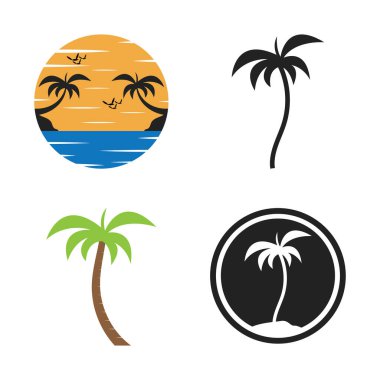 Hindistan cevizi ağacı, sahil beldesi ve yaz vektör illüstrasyon şablonu tasarımı
