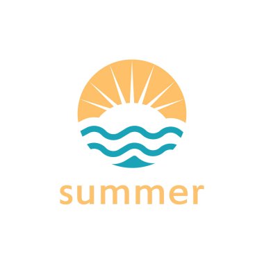 Palmiye ağacı ve günbatımı logosu olan yaz plajı.