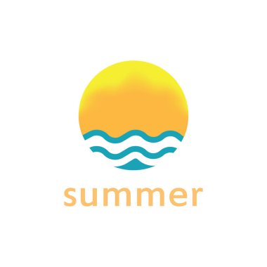 Palmiye ağacı ve günbatımı logosu olan yaz plajı.