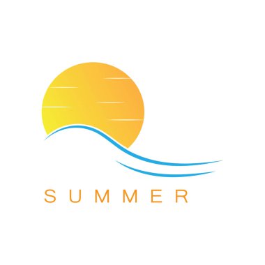 Palmiye ağacı ve günbatımı logosu olan yaz plajı.