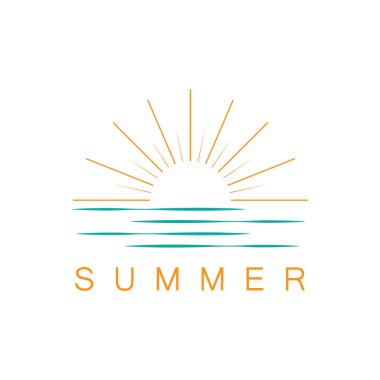 Palmiye ağacı ve günbatımı logosu olan yaz plajı.