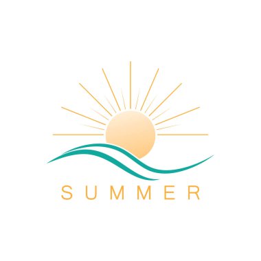 Palmiye ağacı ve günbatımı logosu olan yaz plajı.