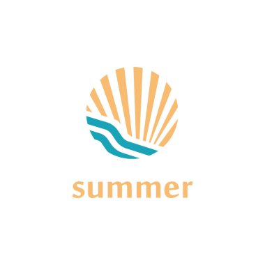 Palmiye ağacı ve günbatımı logosu olan yaz plajı.