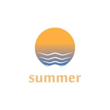 Palmiye ağacı ve günbatımı logosu olan yaz plajı.