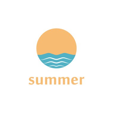 Palmiye ağacı ve günbatımı logosu olan yaz plajı.