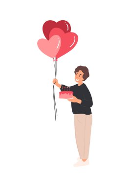 Kalpli kırmızı balon tutan adam, aşk kalbi, romantik konsept, vektör illüstrasyonu