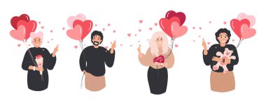 Sevgililer günün kutlu olsun. İnsanlar aşık olur, kafalarında bir kalp balonu taşırlar, ayarlanır. 14 Şubat, aşk günü. Çizgi film düz vektör çizimi, Kore kalp işareti. Parmak sevgisi sembolü