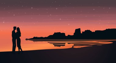 Sevgililer Gününüz kutlu olsun. Aşık çiftler, romantik randevu konsepti. İlişki, Aşk, Sevgililer Günü. Manzara, gün batımı, deniz. afiş, poster, kart, başlık ve kopya alanı için yıldız vektör ilüstrasyonu