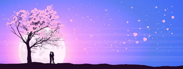 Walentynki Kartka Życzeniami Baner Romantyczna Ilustracja Kochanków Randkujących Świetle Księżyca — Wektor stockowy