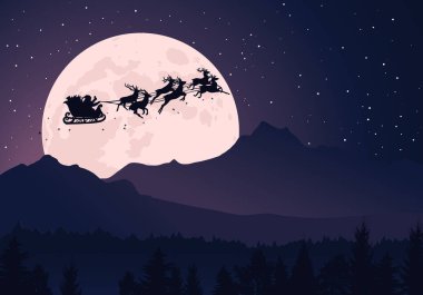 Noel hediyeli uçan ren geyiği ve Noel Baba kızağı dolunay arka planı, yıldızlı gökyüzü, dağlar. Mutlu Noeller, mutlu yıllar tebrik kartı, afiş, geçmiş, şablon