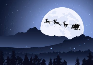 Noel hediyeli uçan ren geyiği ve Noel Baba kızağı dolunay arka planı, yıldızlı gökyüzü, dağlar. Mutlu Noeller, mutlu yıllar tebrik kartı, afiş, geçmiş, şablon