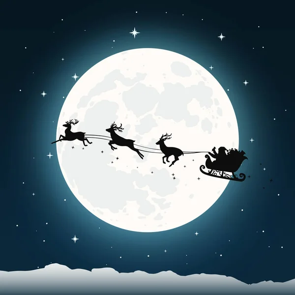 Silhouette Von Weihnachtsmann Schlitten Und Rentiere Auf Vollmond Hintergrund Zeichentrickvektorillustration — Stockvektor