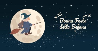 Old Witch Befana tradition Christmas Epiphany character in Italy flying on broomstick against moon. Bouna festa della befana greeting card, template clipart