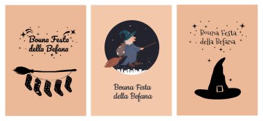 Old good Witch Befana tradition Christmas Epiphany character in Italy flying on broomstick . Bouna festa della befana greeting card, template set, collection  clipart