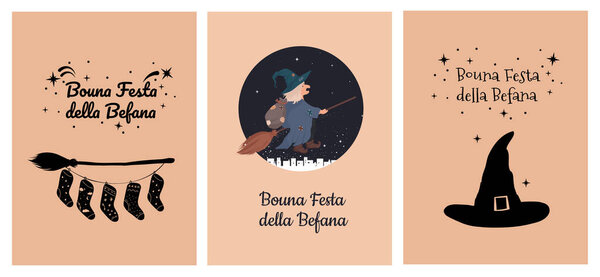Old good Witch Befana tradition Christmas Epiphany character in Italy flying on broomstick . Bouna festa della befana greeting card, template set, collection 