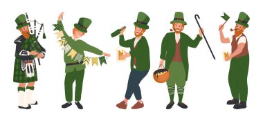 Bagpiper, collection of Irish man dressed like leprechaun, celebrating Saint Patrick's Day parade, cartoon illustration of people, characters in Festive Costumes. 