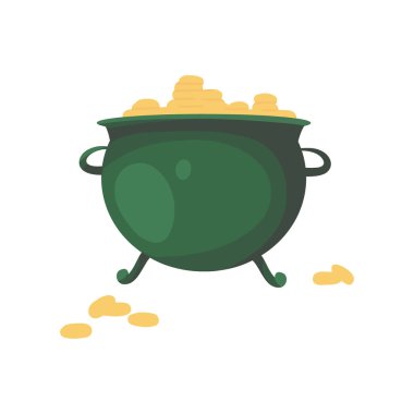 Pot with gold coins, leprechaun cauldron isolated on white background. St. Patrick's day element. Cartoon flat vector illustration for greeting cart, banner, flyer, web pages, social media.