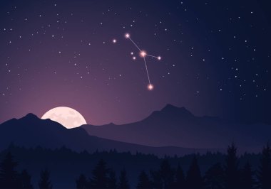 Vector constellation Scutum in dark purple, starry sky. Misty hills, rising moon, dark forest, mountains