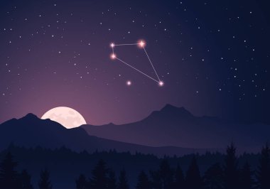 Vector constellation Sextans in dark purple, starry sky. Misty hills, rising moon, dark forest, mountains