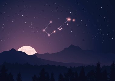 Vector constellation Telescopium in dark purple, starry sky. Misty hills, rising moon, dark forest, mountains