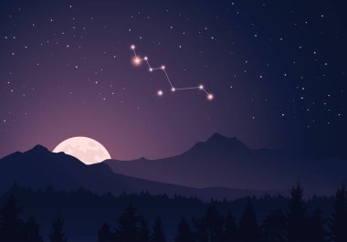 Vector constellation Lecarta in dark purple, starry sky. Misty hills, rising moon, dark forest, mountains