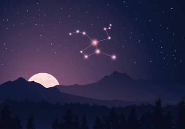 Vector constellation Lepus in dark purple, starry sky. Misty hills, rising moon, dark forest, mountains