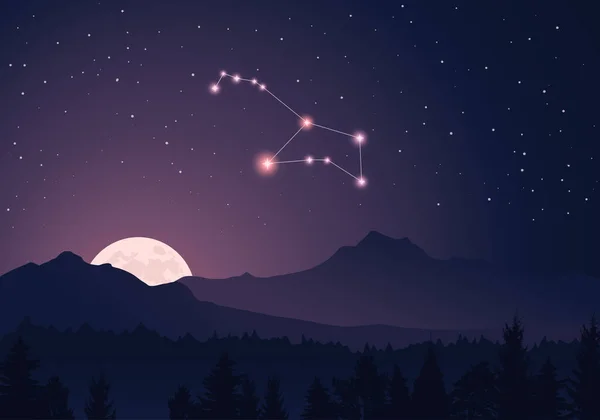 Vector constellation Puppis in dark purple, starry sky. Misty hills, rising moon, dark forest, mountains