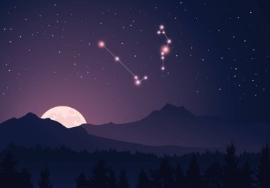 Vector constellation Serpens in dark purple, starry sky. Misty hills, rising moon, dark forest, mountains