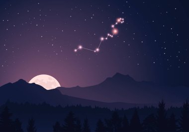 Vector constellation Hydra in dark purple, starry sky. Misty hills, rising moon, dark forest, mountains